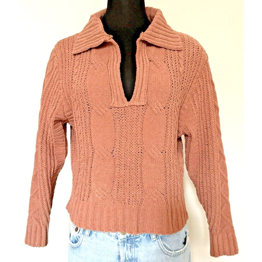 SINCERELY JULES Cable Knit Sweater Medium Dusty Pink Nude Soft V-Neck Collared